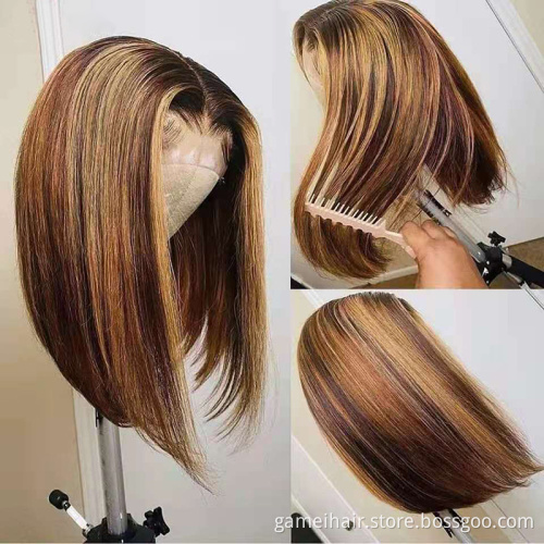 wholesale raw Indian virgin hair vendors  lace front high quality highlight 1B honey brown color straight bob human hair wigs
